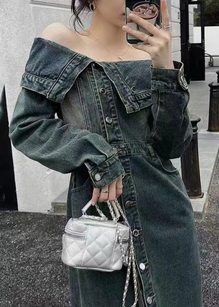 Blue Slash Neck Patchwork Side Open Denim Long Dresse Puff Sleeve Spring