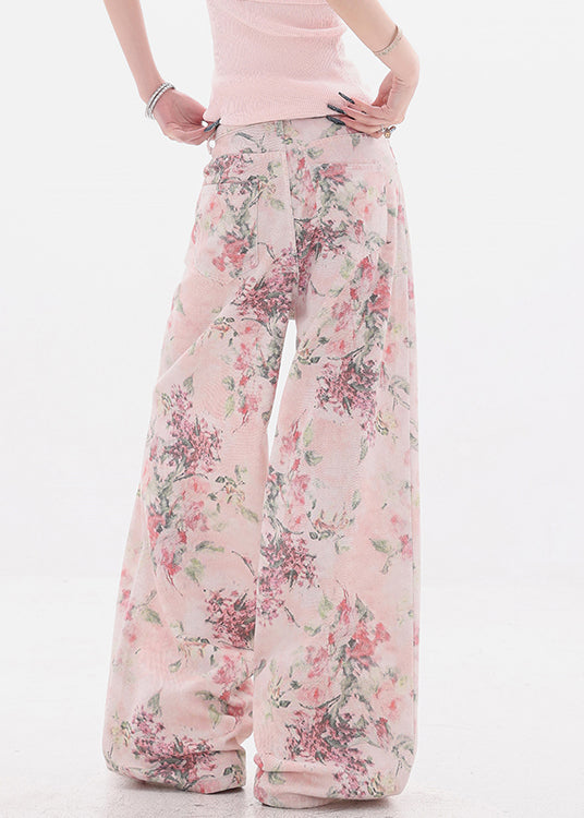 Pink Print Pockets High Waist Denim Wide Leg Pants Fall