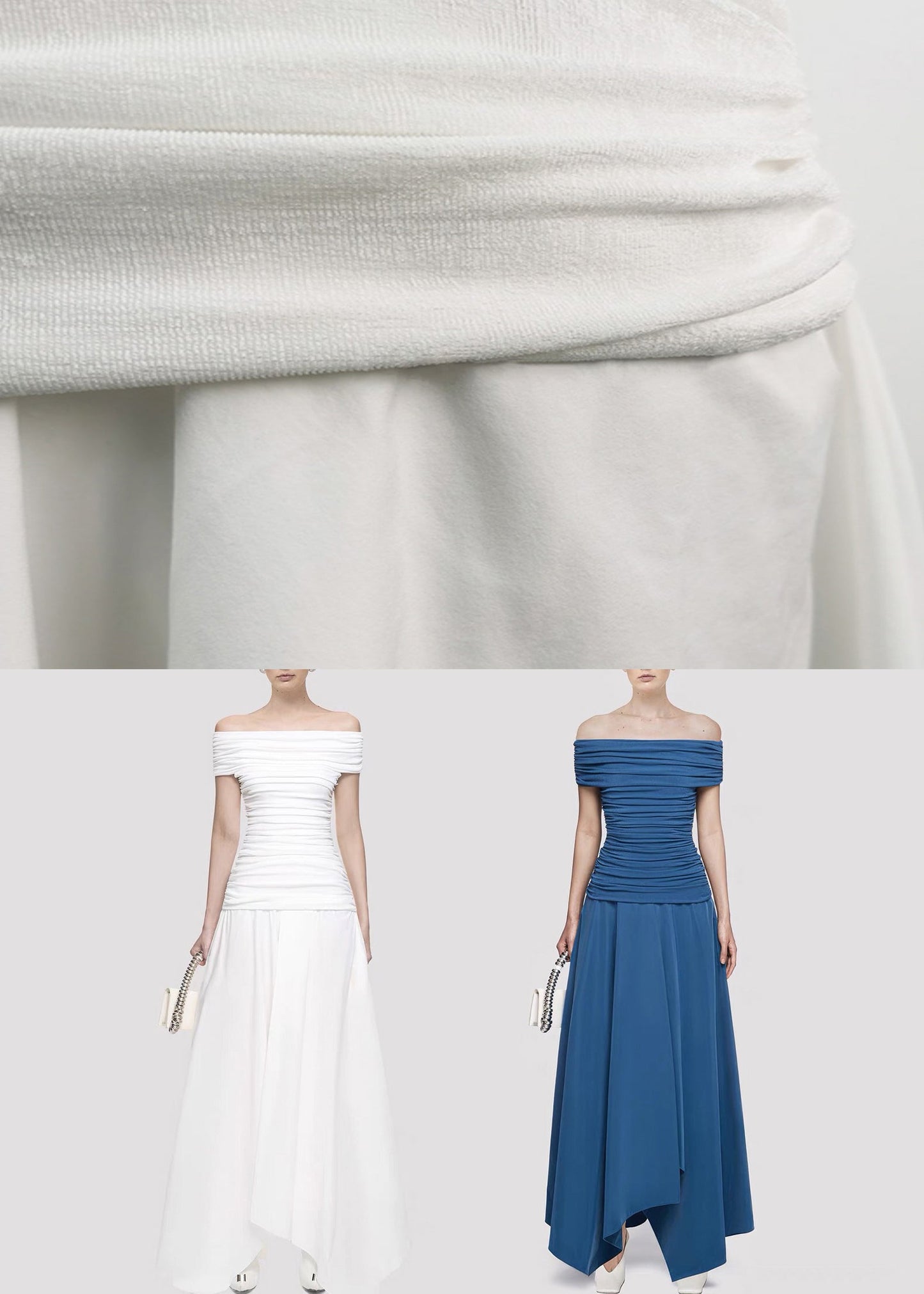 Blue Wrinkled Cotton Knit Summer Long Dresses Slash Neck