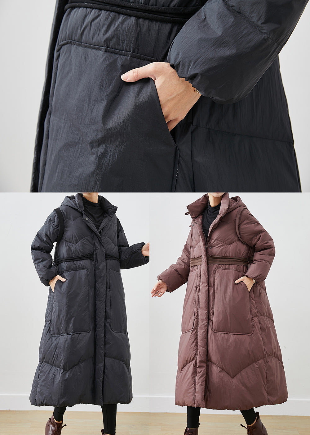 Black Cinched Big Pockets Duck Down Down Coat Winter