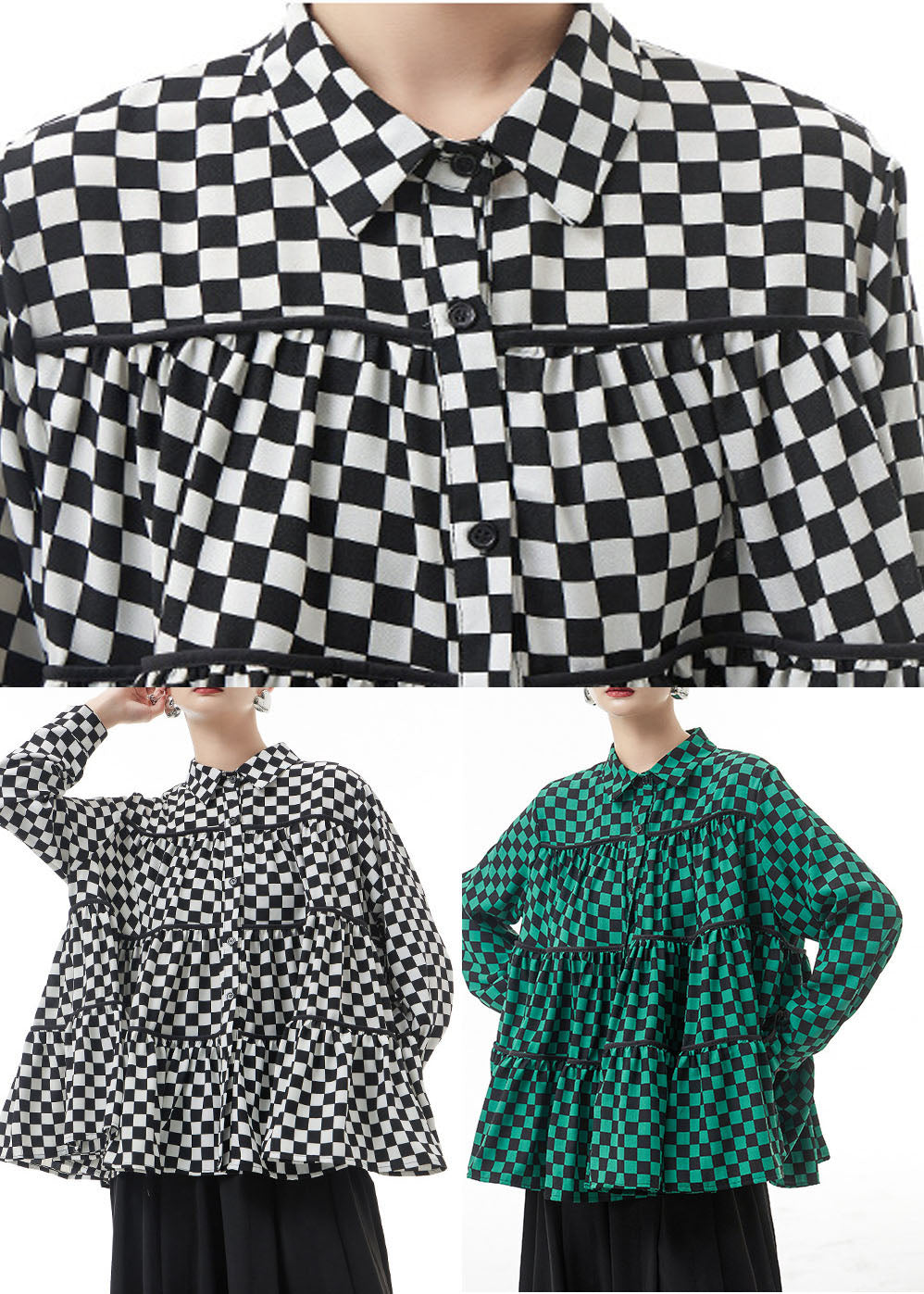 Green Plaid Chiffon Shirt Tops Patchwork Wrinkled Spring