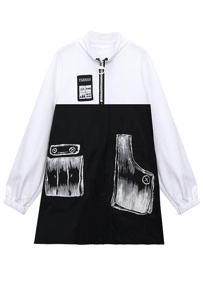 Pockets Print Patchwork Zippered Fall Sweatshirts Top