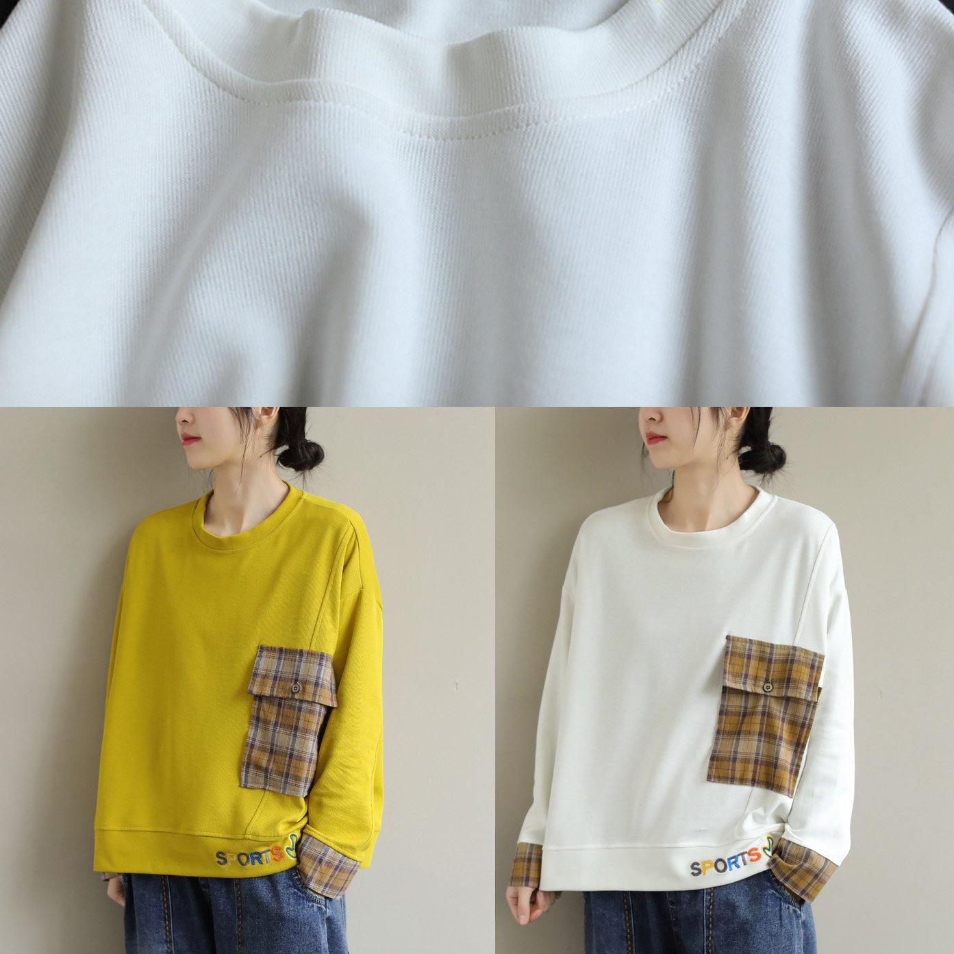 White Cotton Clothes for Long Sleeve Art Embroidery Pockets Blouses