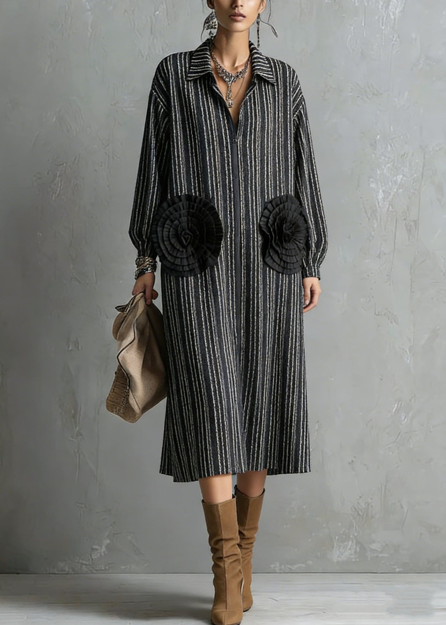Handmade Black Zip Up Striped Cotton Dresses Spring