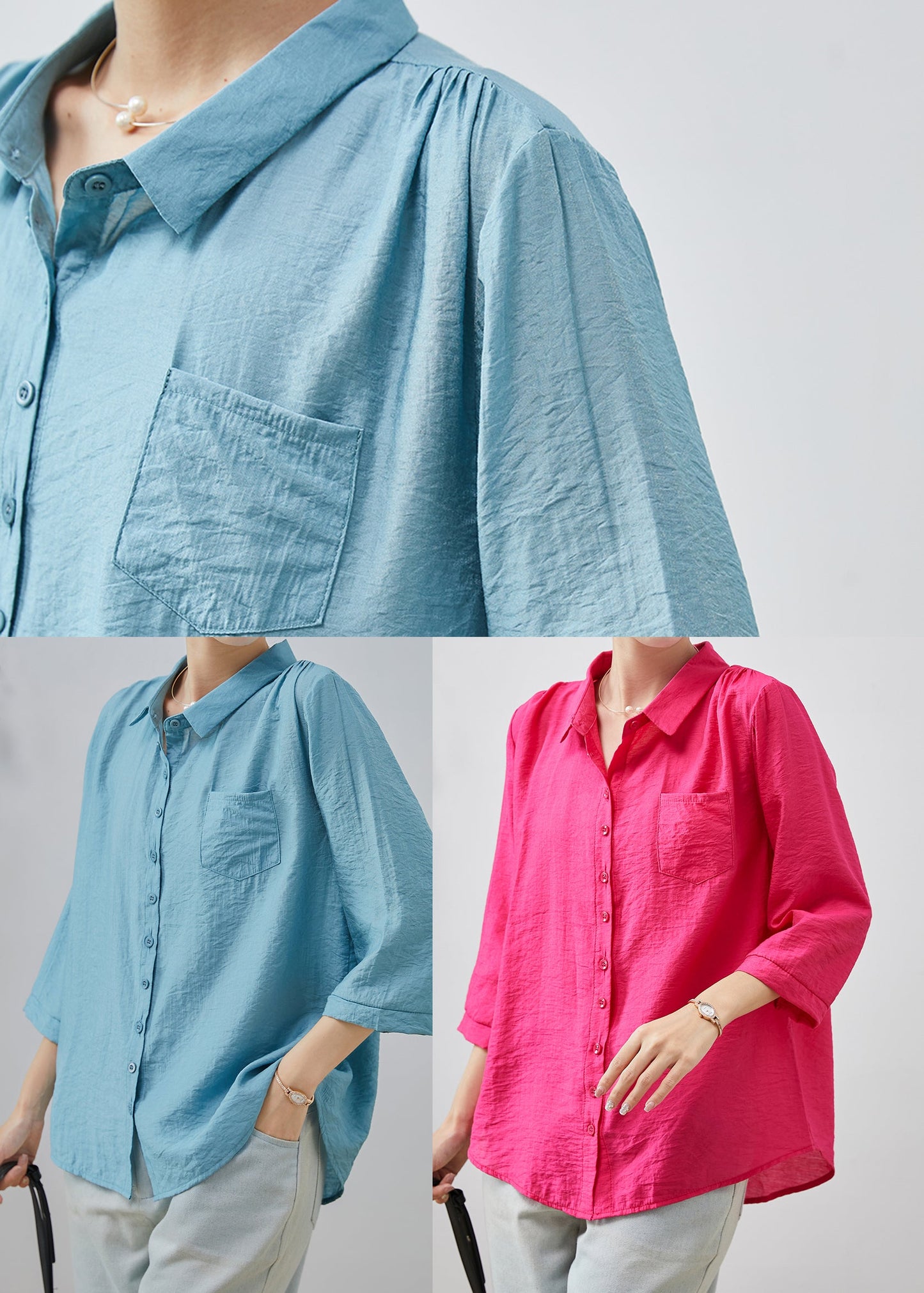 Blue Oversized Cotton Tops Bracelet Sleeve