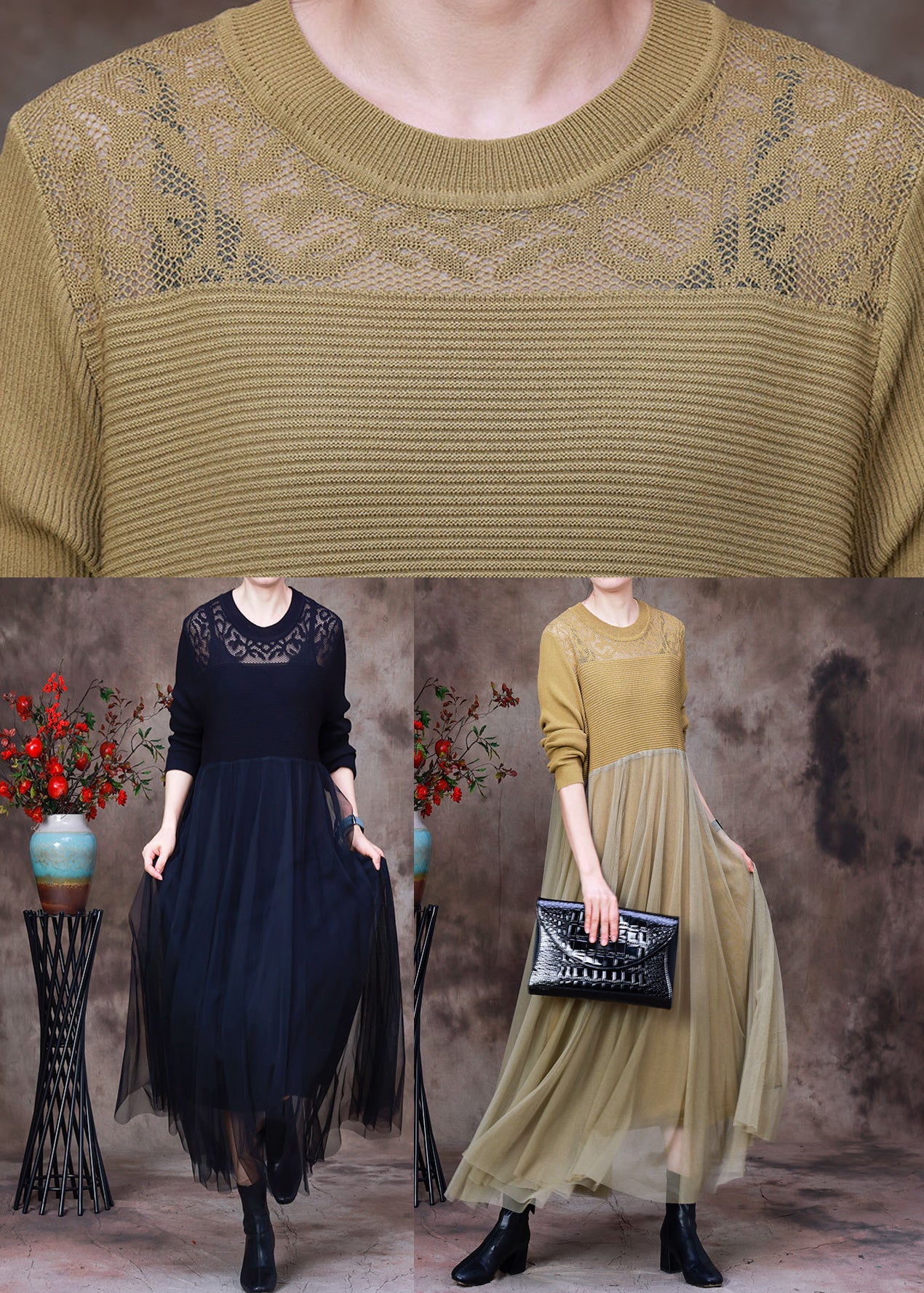 Stylish Yellow O-neck Tulle Patchwork Knit Dress Long Sleeve