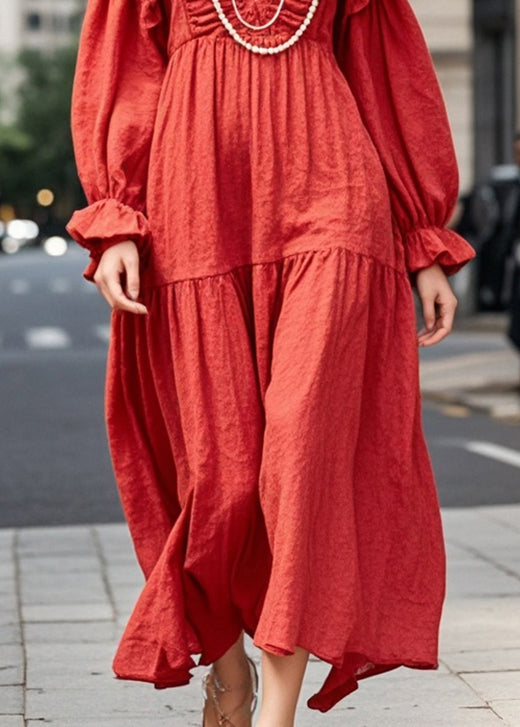 Red Oversized Ruffles Cotton Maxi Dresses Fall