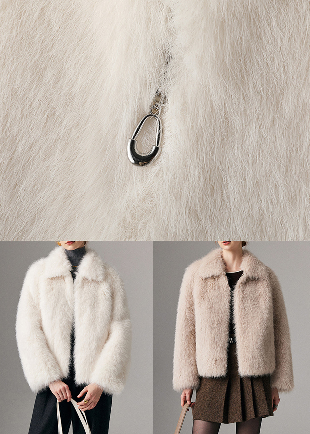 White Peter Pan Collar Zippered Leather and Fur Coats Winter