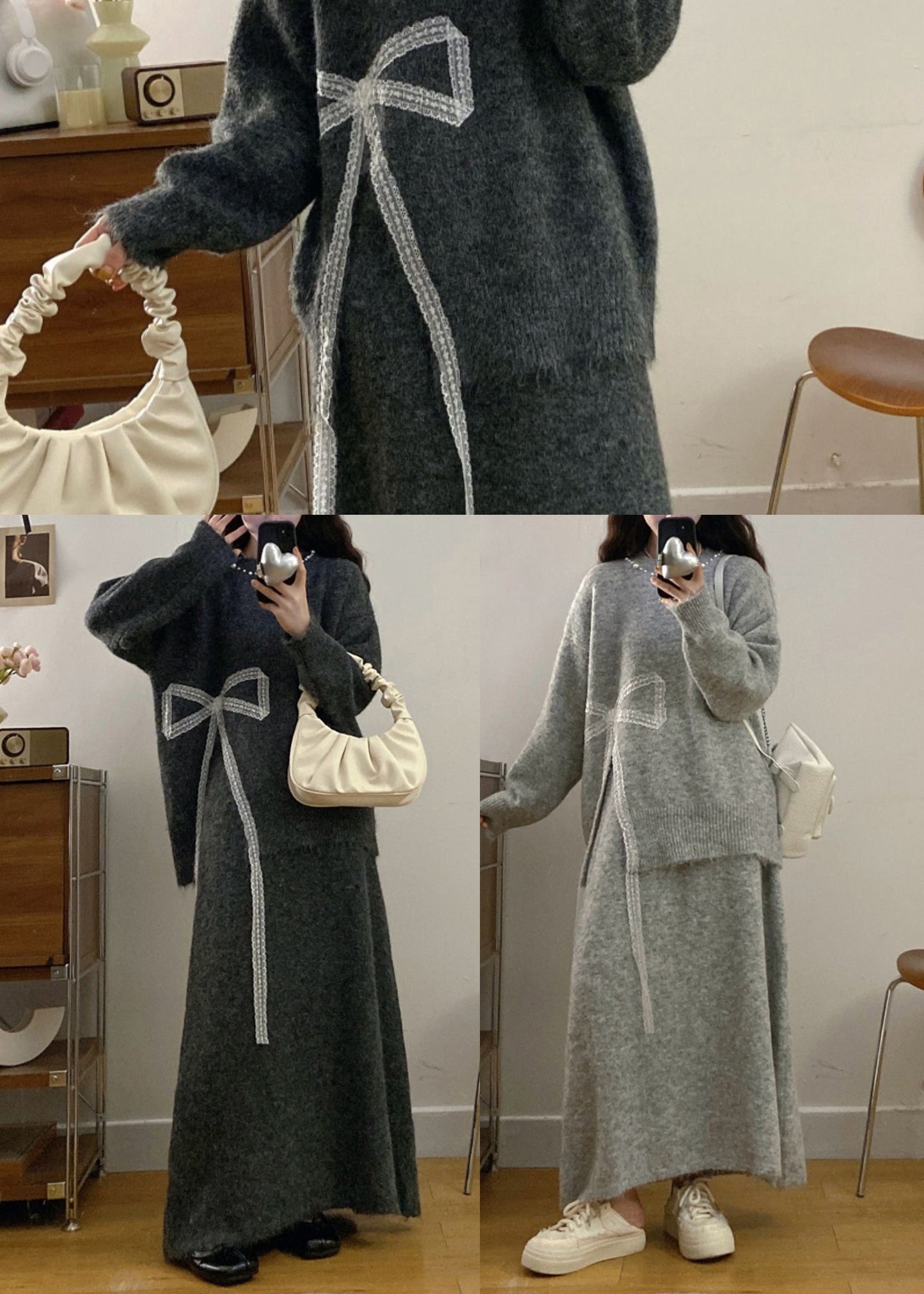 Handmade Light Grey Bow Side Open Knit Two Piece Set Clothing Winter