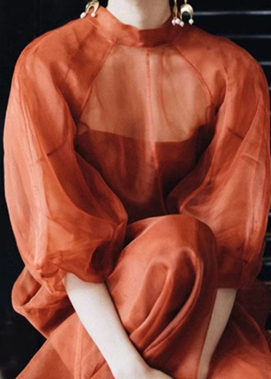 Orange Stand Collar Patchwork Tulle Maxi Dress Fall