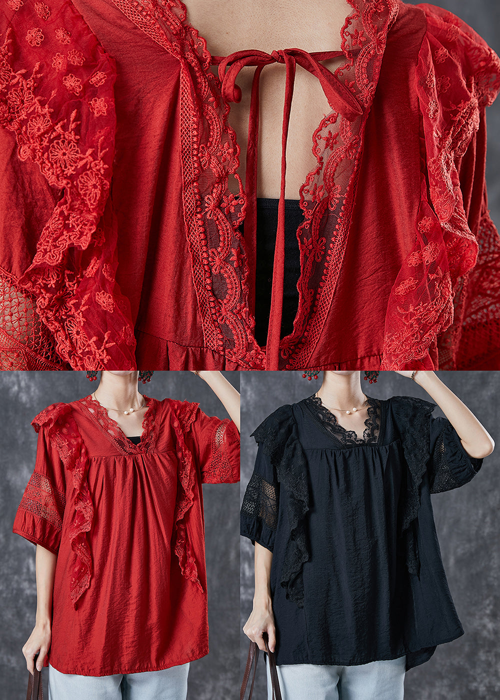 Black Patchwork Ruffled Cotton Tanks Back Tie Short Sleeve
