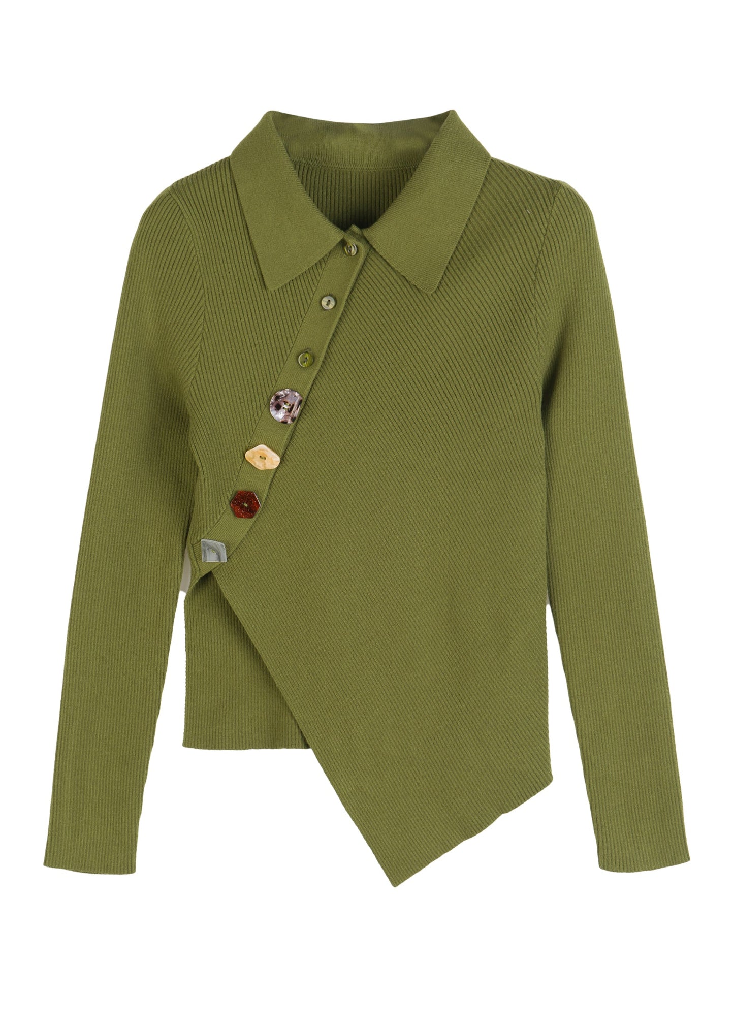 Green Peter Pan Collar Asymmetrical Knit Pullover Long Sleeve