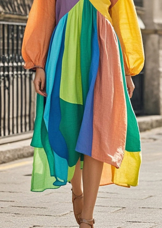 Colorblock Asymmetrical Patchwork Cotton Maxi Dresses Fall