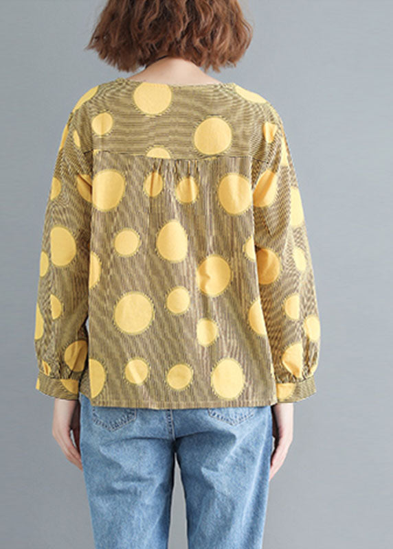 Yellow O-neck Oversized Dot Print Cotton Tops Spring