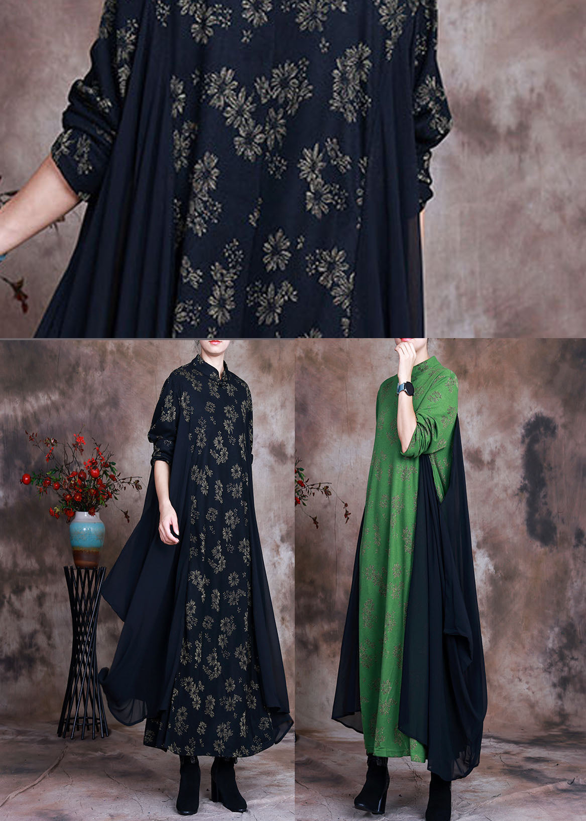 Boutique Black Print Patchwork Fall Dresses Long Sleeve
