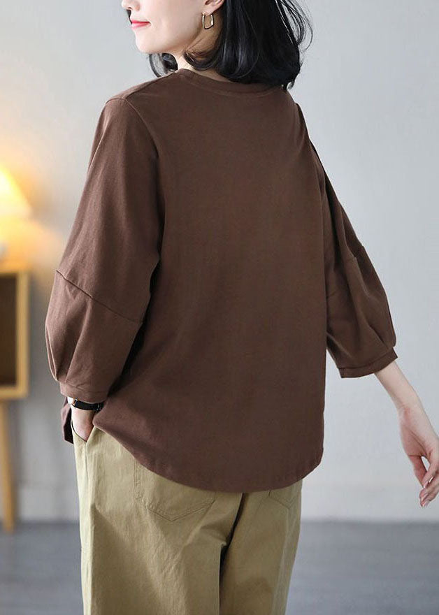 Italian Coffee O-neck Oversized Cotton Blouse Top Bracelet Sleeve