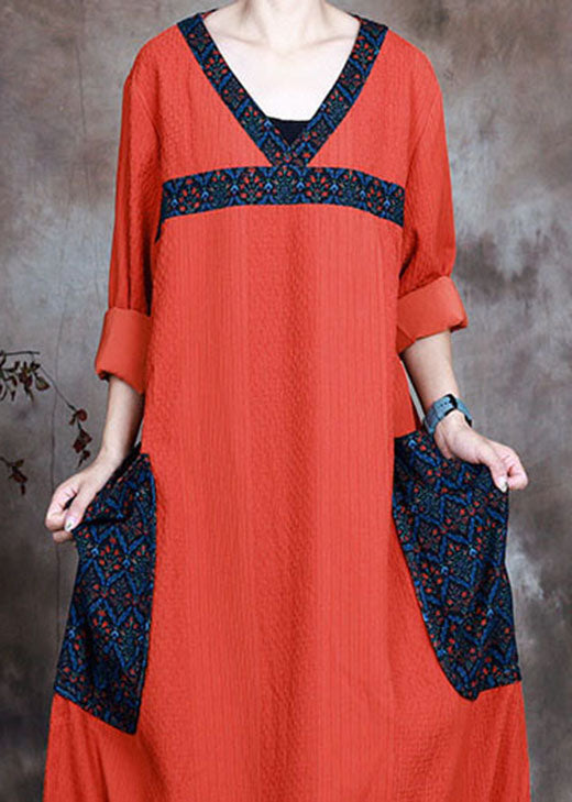 Orange V Neck Pockets Print Fall Long Sleeve Dresses