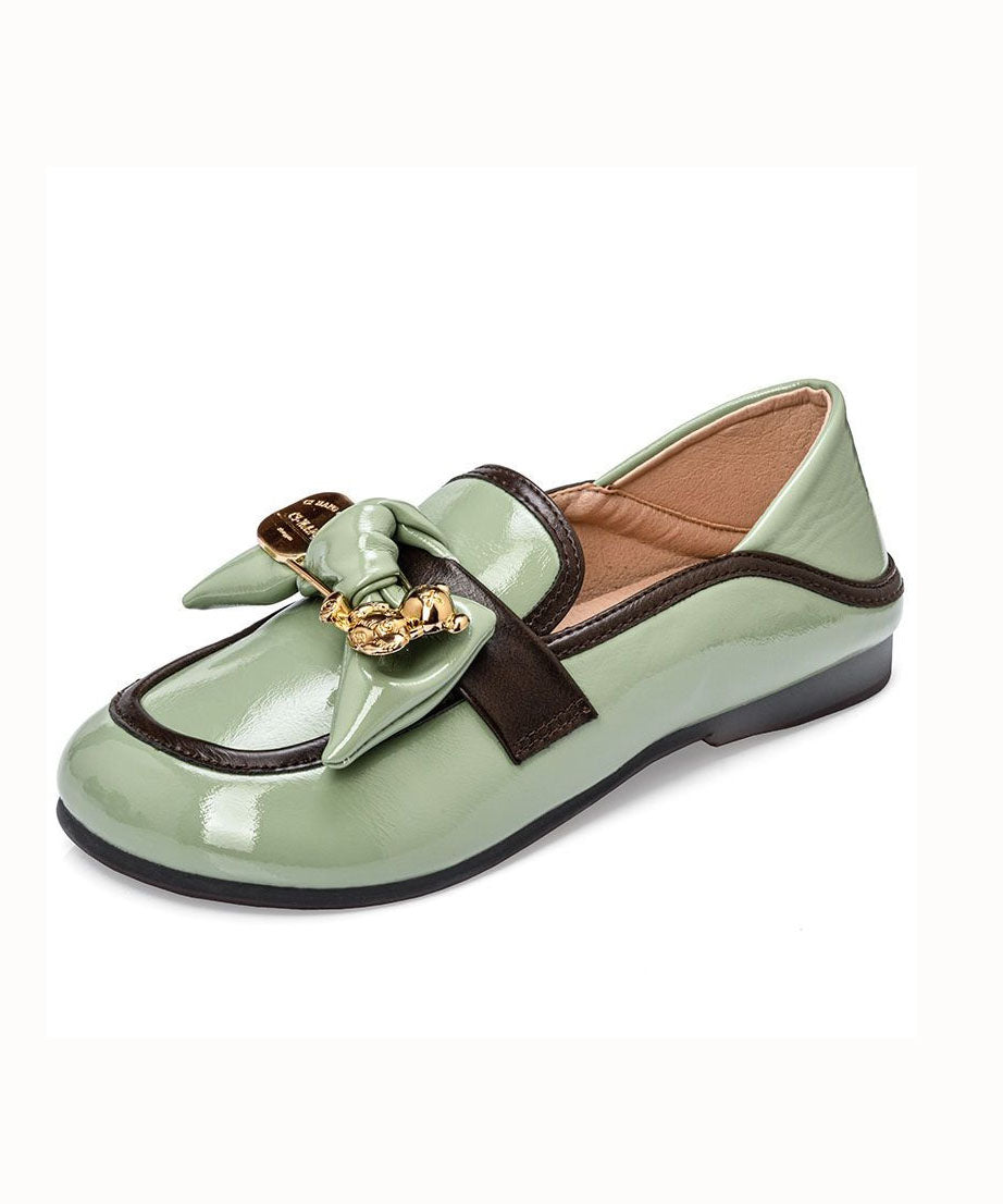 Comfy Green Faux Leather Splicing Bow Loafers for