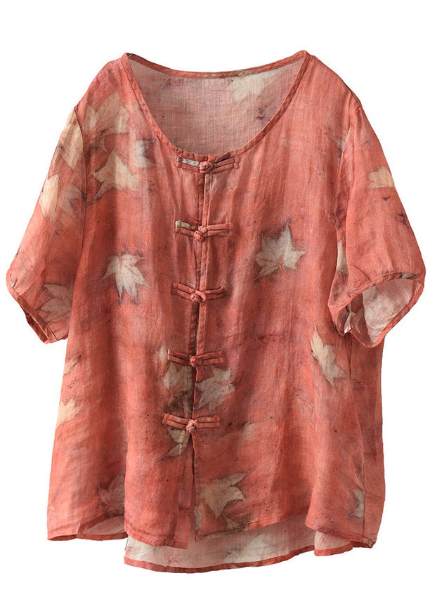 Boutique Red O-neck Print Linen Short Sleeve