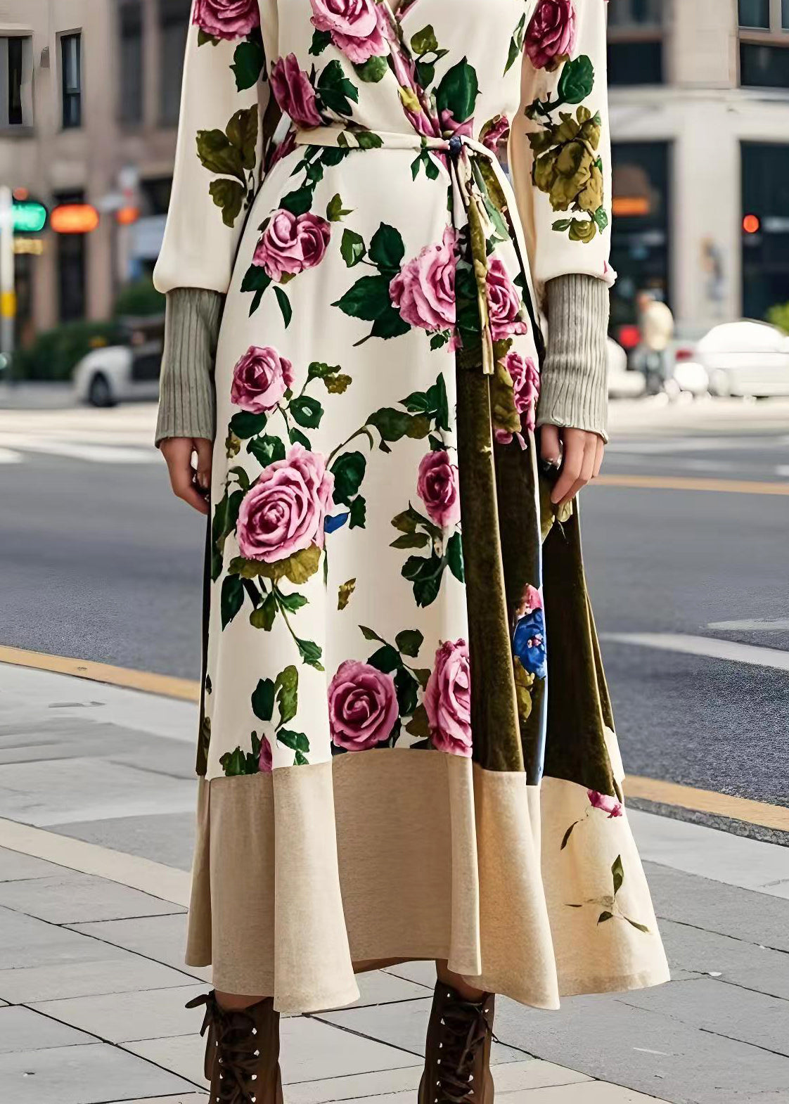 Apricot Tie Waist Silk Velour Long Dresses Spring