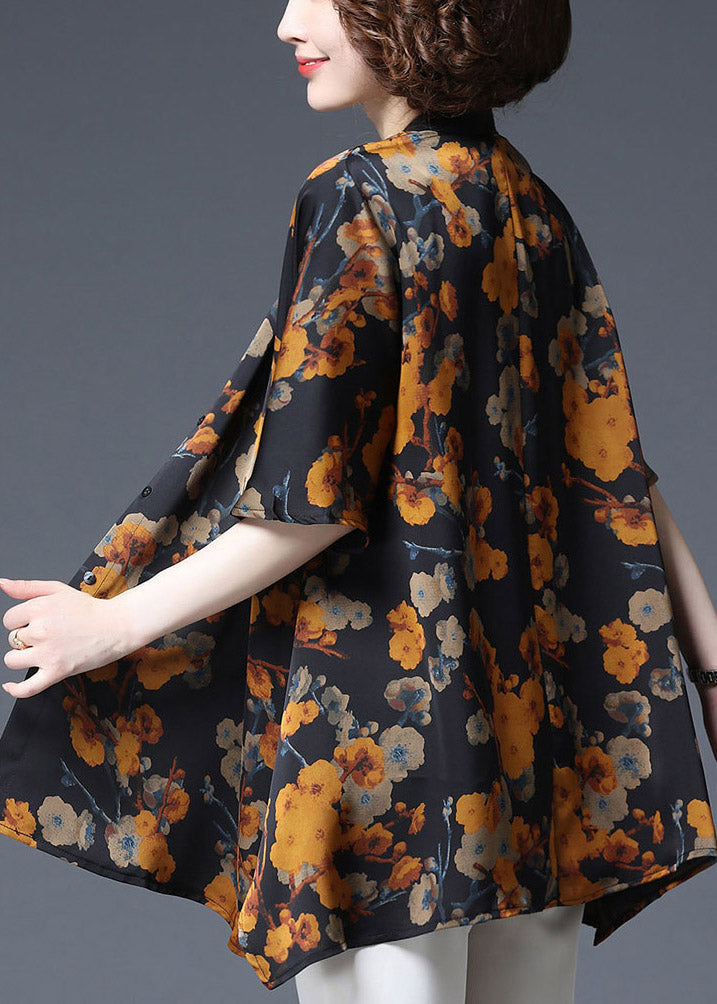 Yellow Print Stand Collar Button Chiffon Tops Half Sleeve