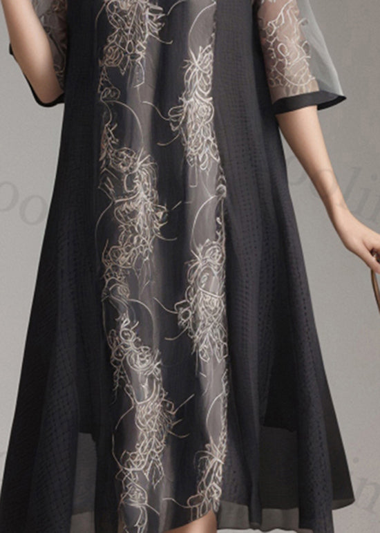 Black O Neck Print Patchwork Silk Dress Summer