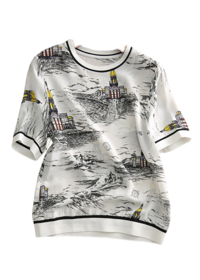 Vogue O-neck Print Silk T Shirt Short Sleeve