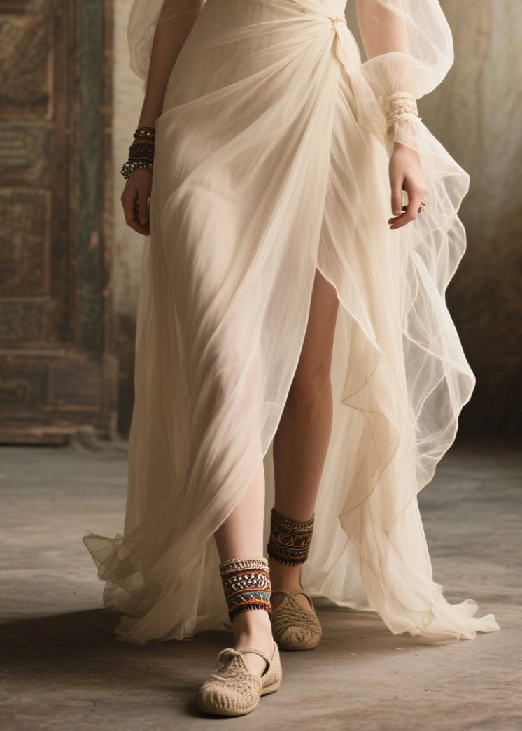 White Exra Large Hem Side Open Tulle Long Dress Summer