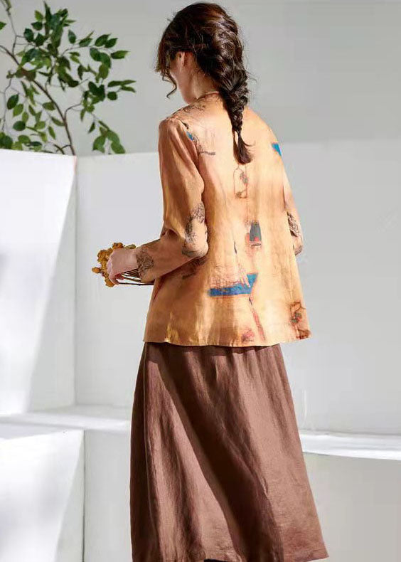Chocolate O-neck Button Print Tops Long Sleeve Spring