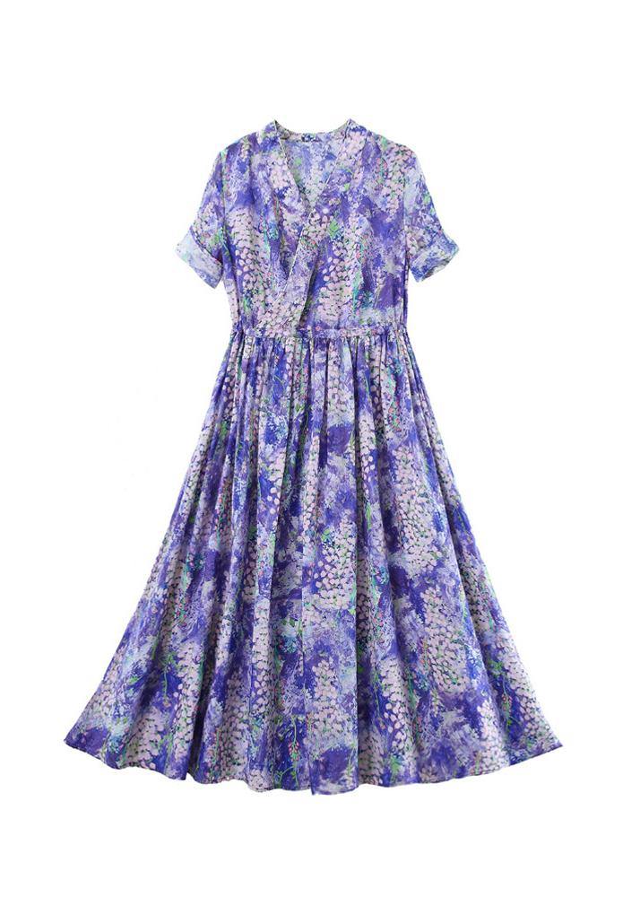 Natural Purple Print Dresses V Neck Drawstring Summer Dresses