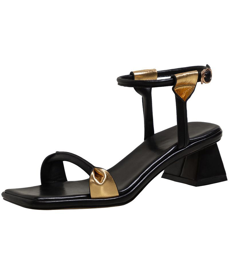 Splicing Chunky Sandals Black Cowhide Leather