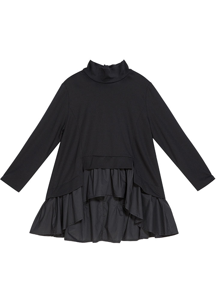 Black Asymmetrical Patchwork Ruffles Fall Top Long Sleeve