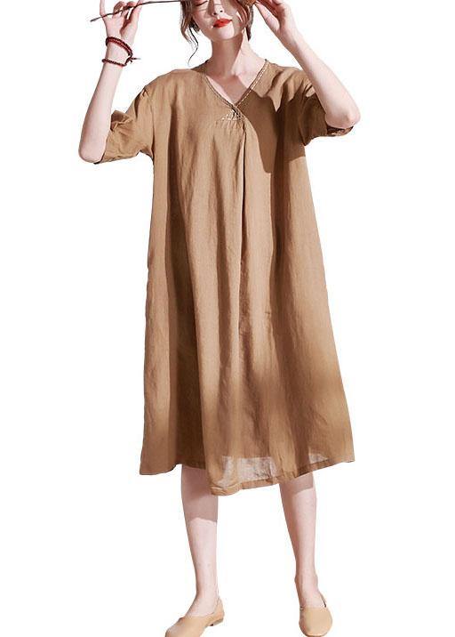 Apricot V Neck Lantern Sleeve Summer Linen Sundress Half Sleeve