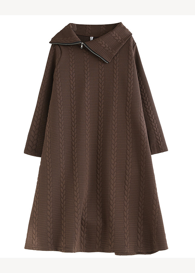 Coffee Cotton Long Dresses Asymmetrical Hign Neck Fall