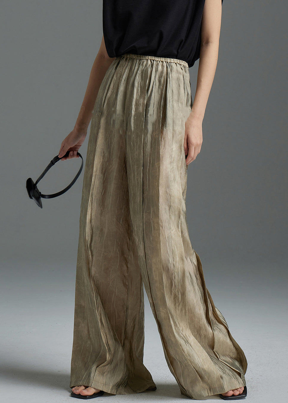 Modern Khaki Wrinkled Elastic Waist Silk Pants Spring