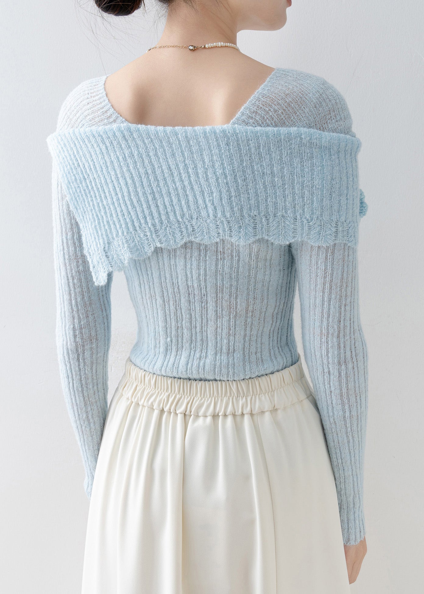 Art Blue Slash Neck Slim Fit Knitted Tops Spring