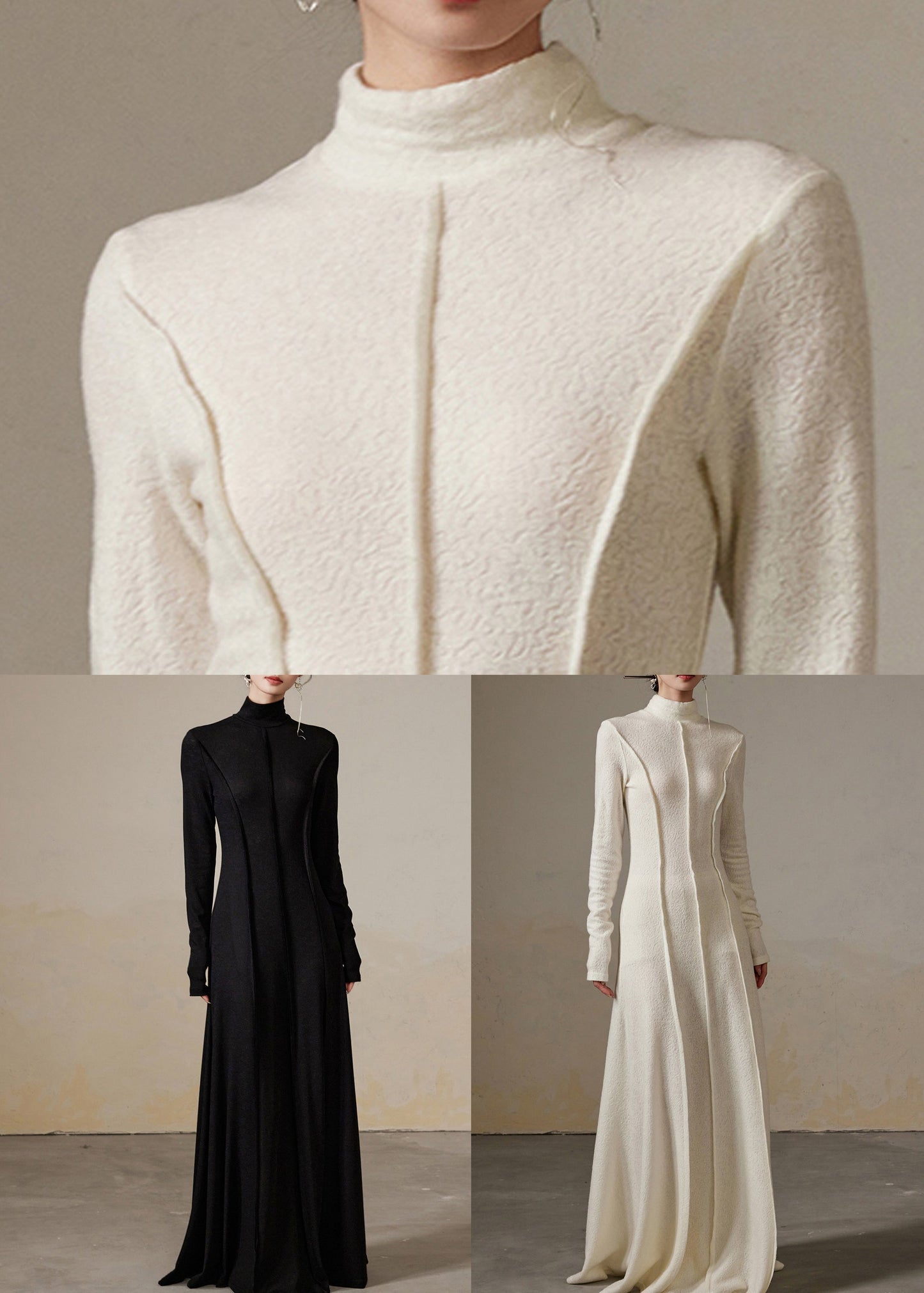 Black Wrinkled Cotton Long Dresses Turtleneck