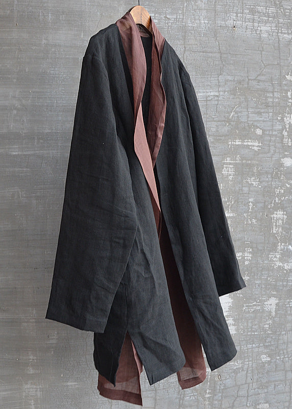 Handmade Black Patchwork Button Fake Two Pieces Linen Shirts Long Sleeve