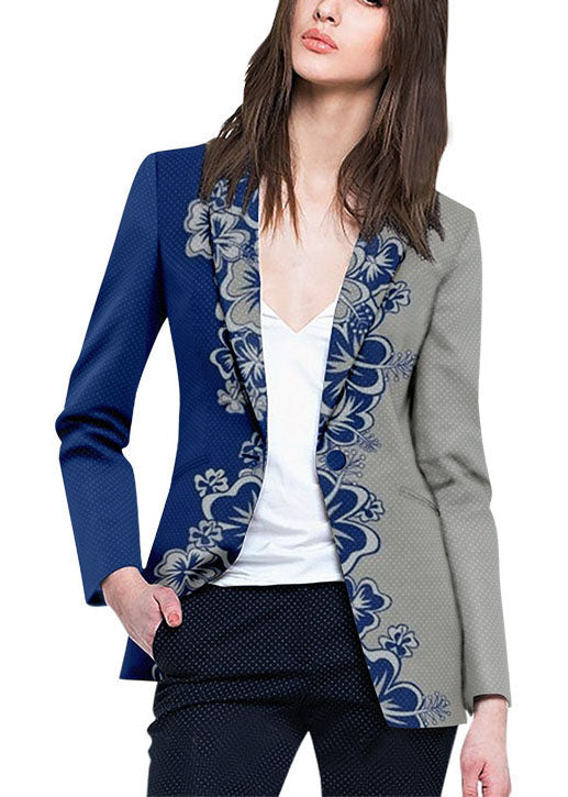Style Blue Grey Button Peter Pan Collar Print Western-style Clothes Coat Long Sleeve