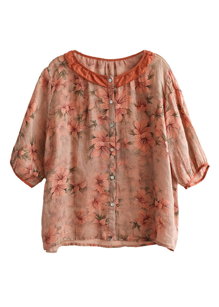 Red Ruffled Print Linen Shirt Half Sleeve
