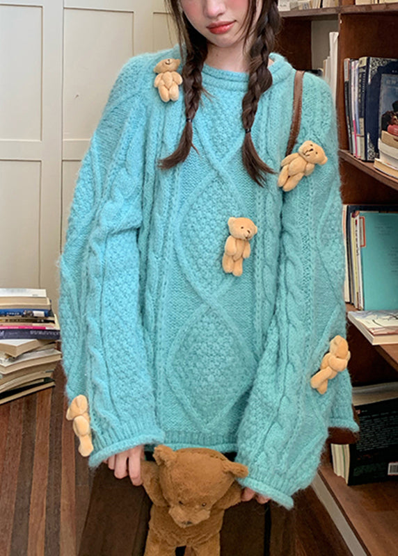 Modern Blue O-neck Little Bear Thick Cotton Knit Sweaters Fall
