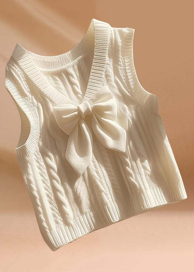 Art Beige V Neck Bow Cozy Knit Waistcoat Sleeveless Fall