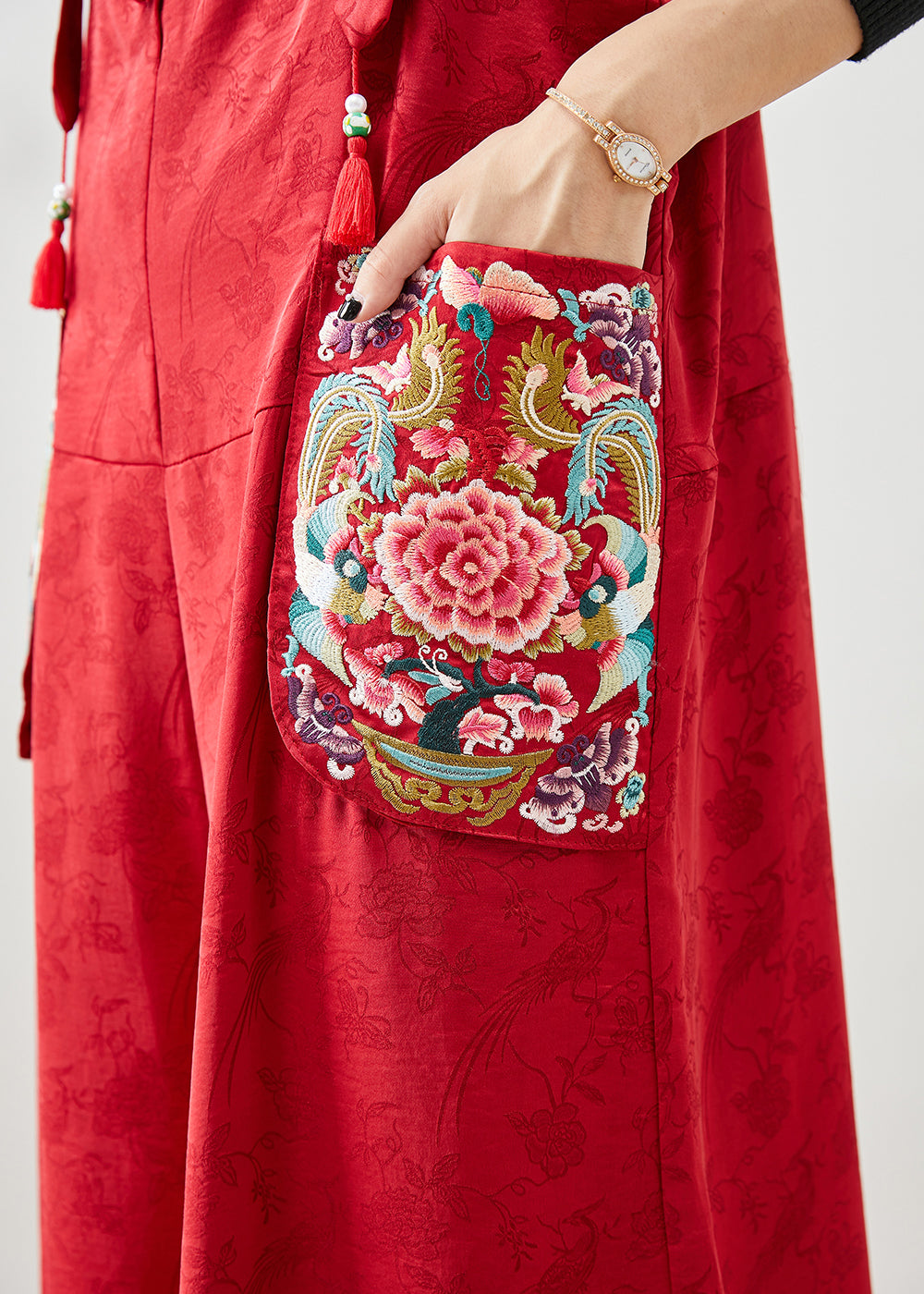 Red Embroideried Pockets Silk Jumpsuit Fall