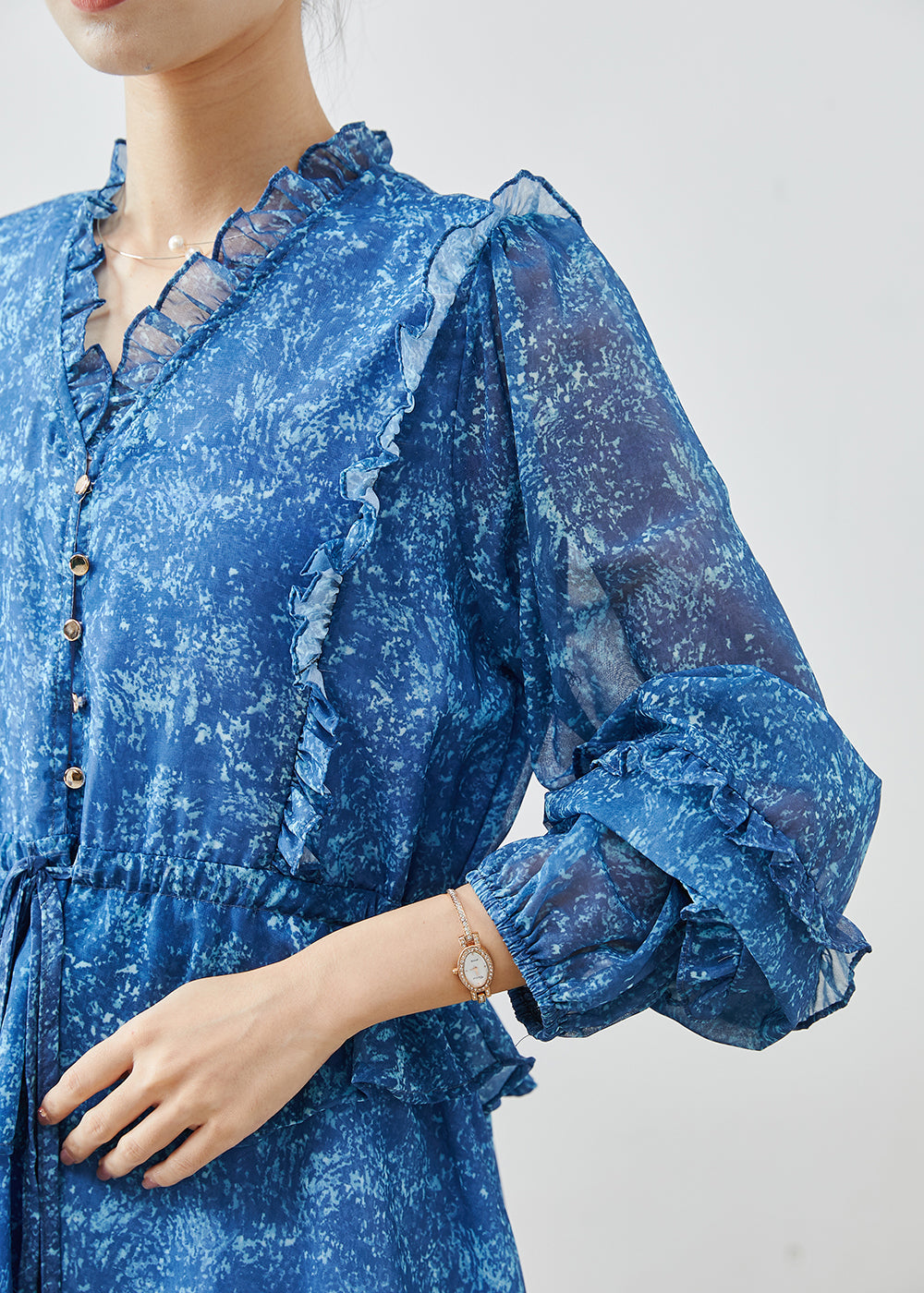 Stylish Blue Ruffled Print Chiffon Cinched Dresses Spring