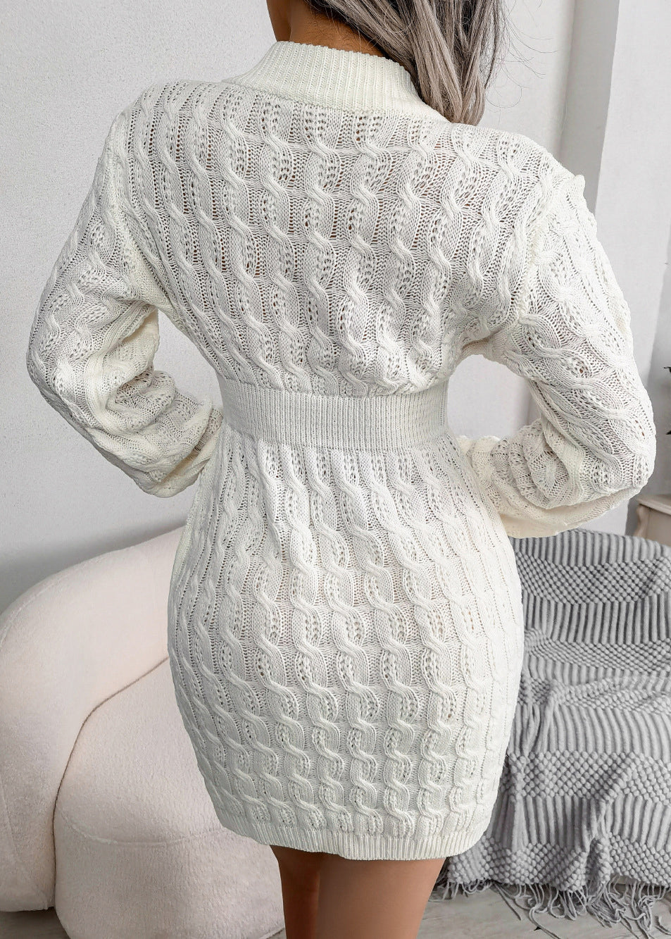 White O Neck Slim Fit Knit Sweater Dress Fall