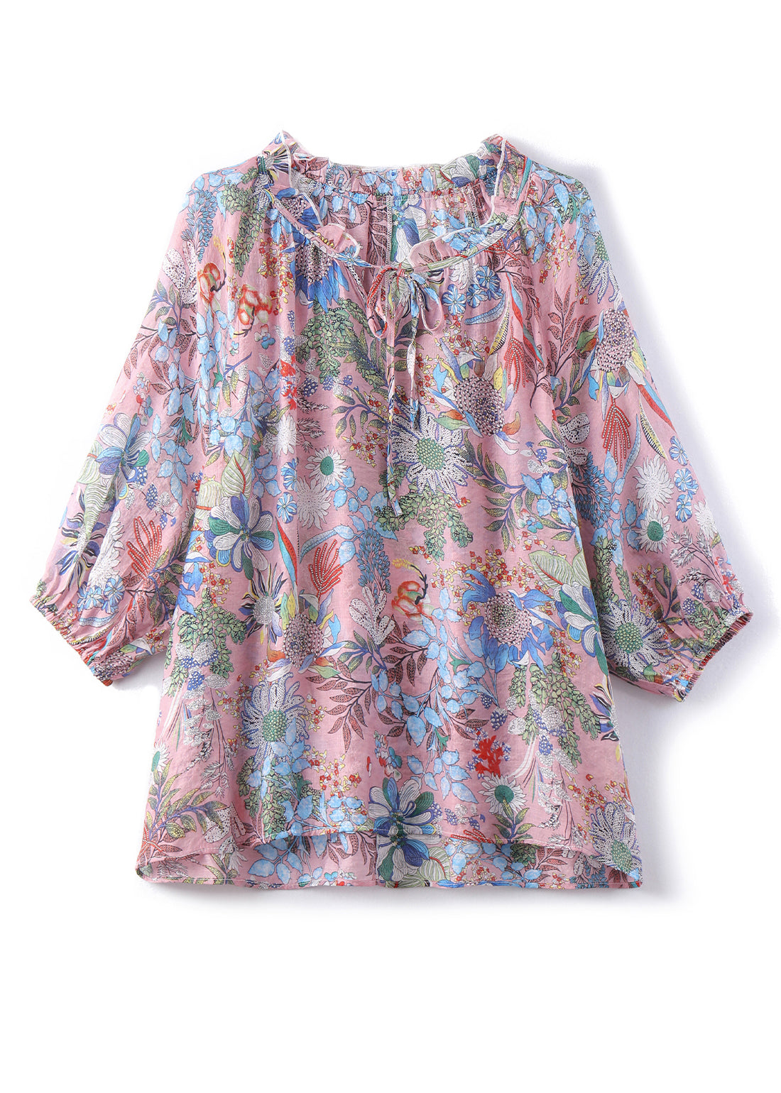 Purple Ruffled Print Lace Up Cotton Shirt Tops Fall