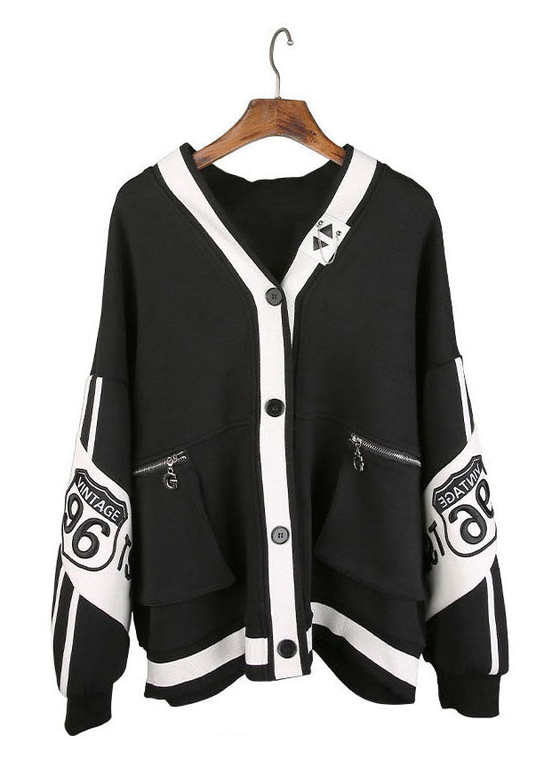 Black V Neck Patchwork Button Coat Spring