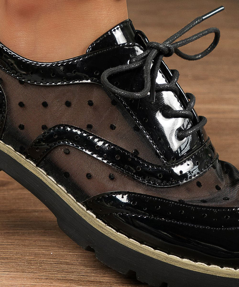 Black Flat Feet Shoes Faux Leather Splicing