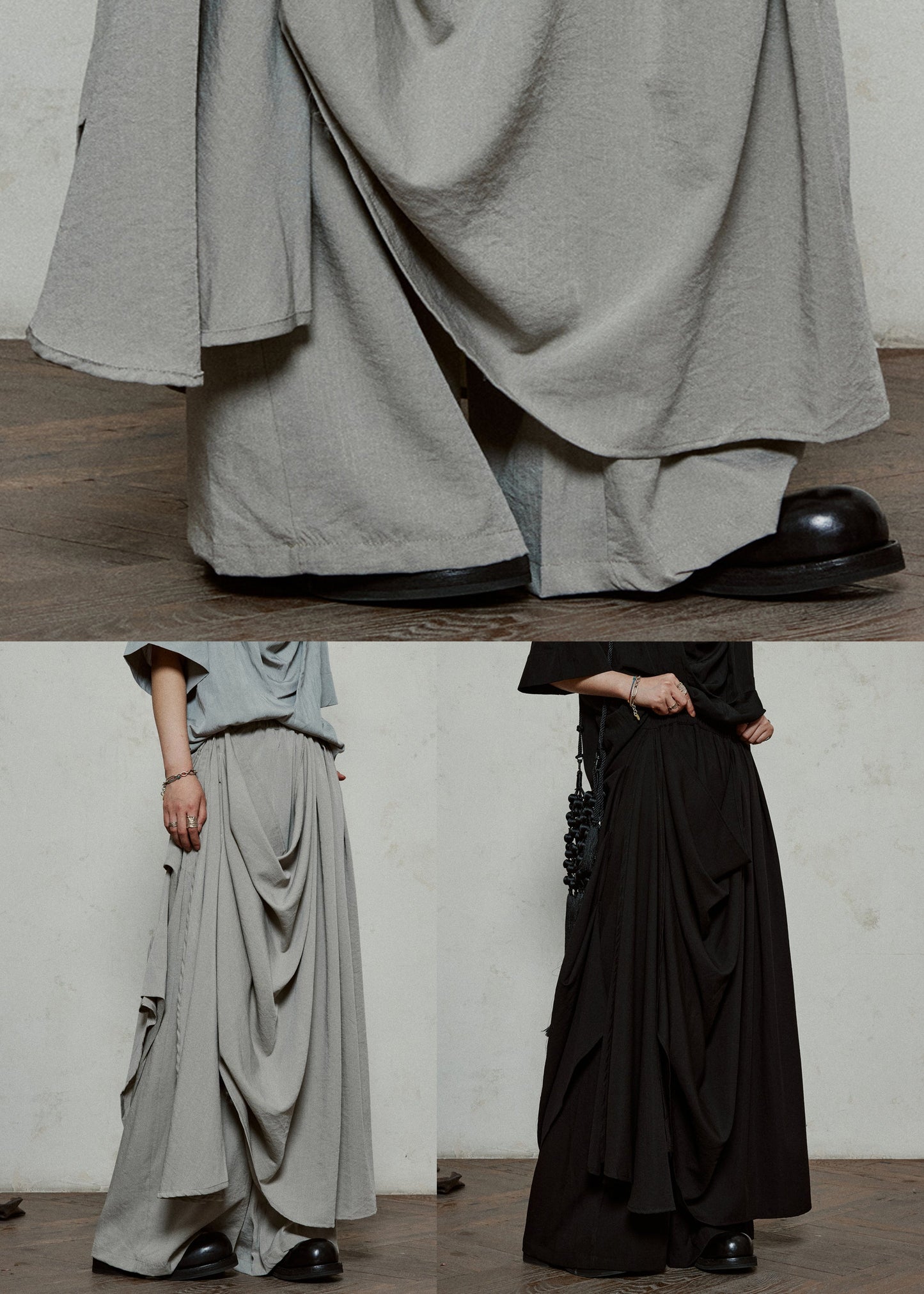 Stylish Grey Wrinkled Pockets Cotton Pants Skirt Summer