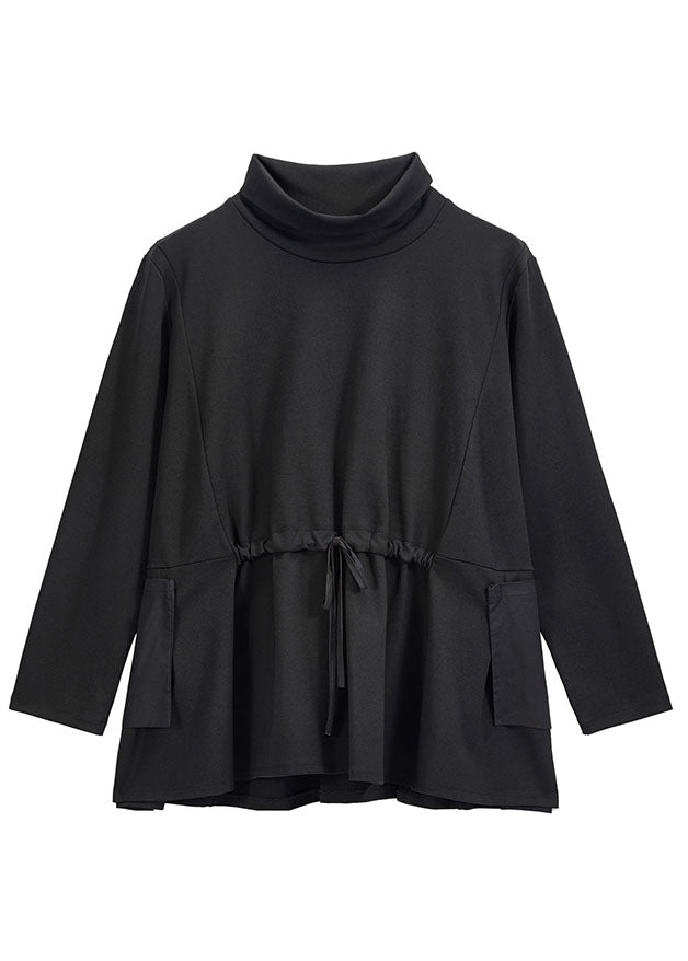 Handmade Black Turtleneck Patchwork Pockets Tie Waist Fall Top Long Sleeve